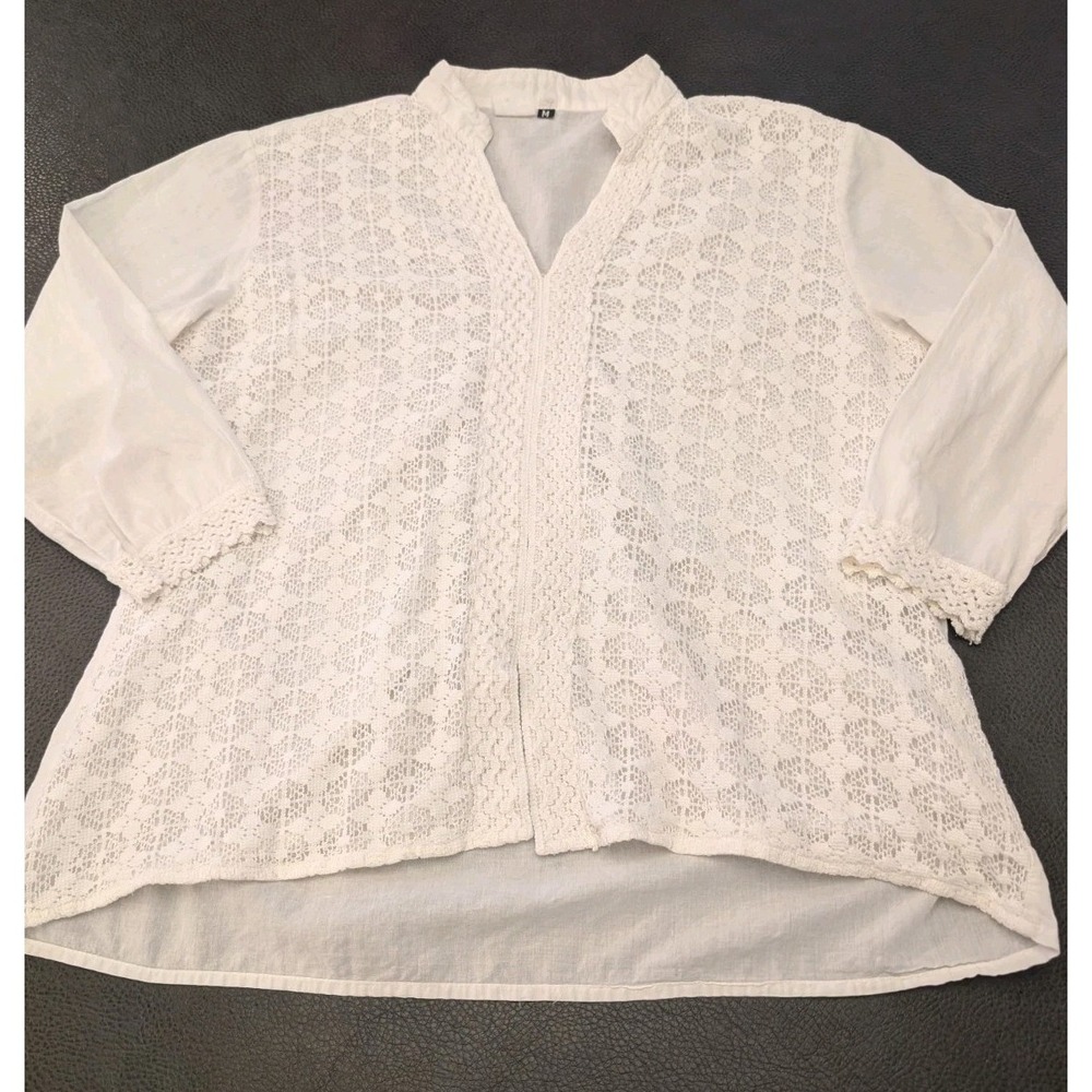 Womens M White Lace Front Blouse V-Neck Long Sleeve Boho Peasant Top Minimalist